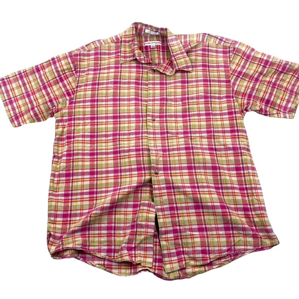 Geoffrey Beene Mens Shirt Large Plaid Short Sleeve Pink/Yellow Cotton Blend Y2K
